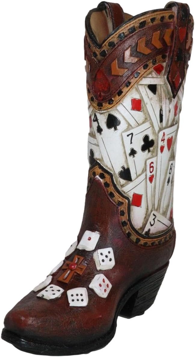 Ebros Gift Rustic Country Western Gambler – Juego de cartas y dados de póker de casino de cuero sintético con herramientas de vaquero, florero o