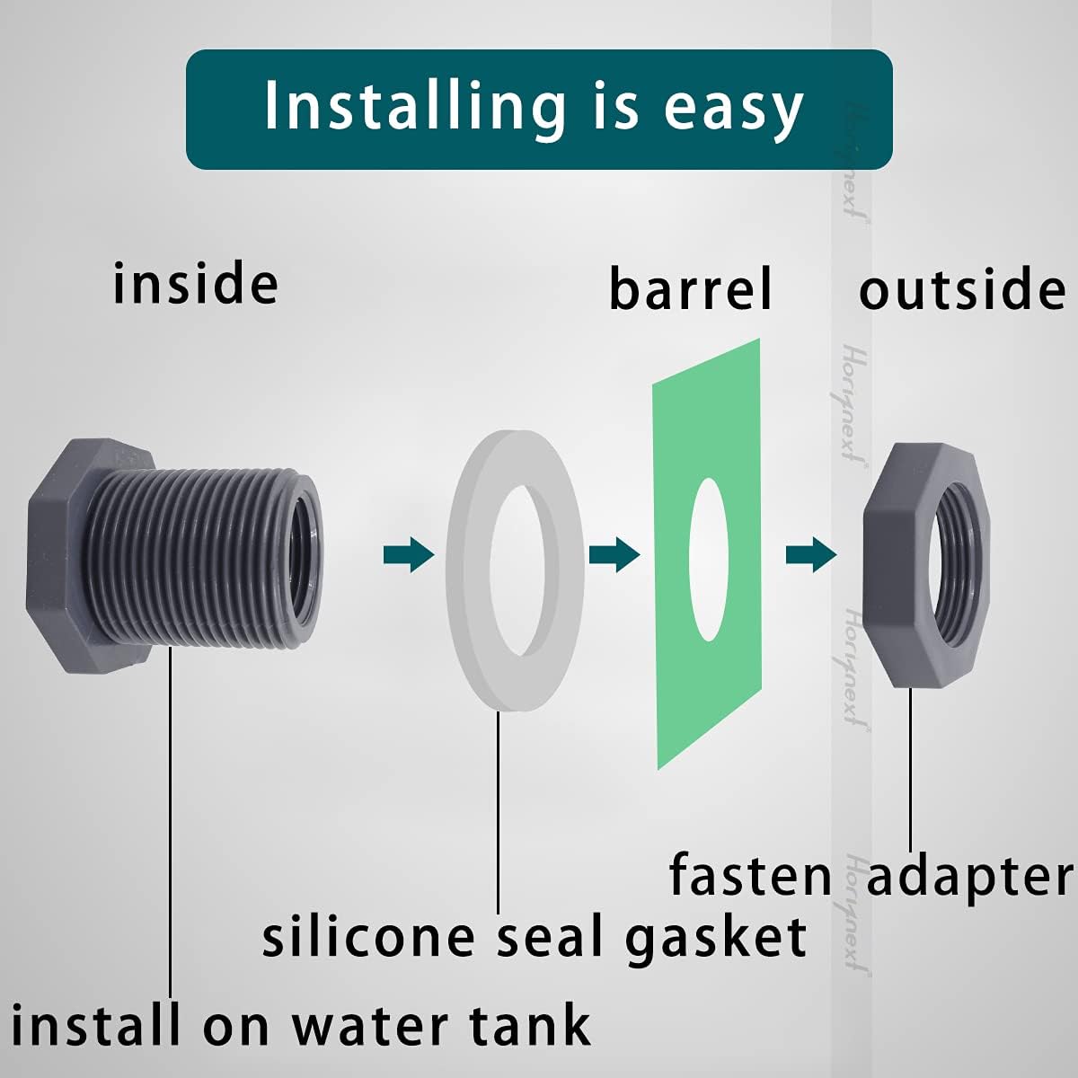 NPT2 – Adaptador de mamparo de PVC, conector de tubo de plástico para barril de lluvia, adaptador de manguera de jardín, kit de espiga, tanque de