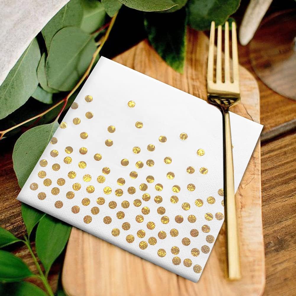 meioro Servilletas desechables de papel de cóctel de 2 capas, con confeti de lunares de lámina de oro rosa para cena, despedida de boda y decoración