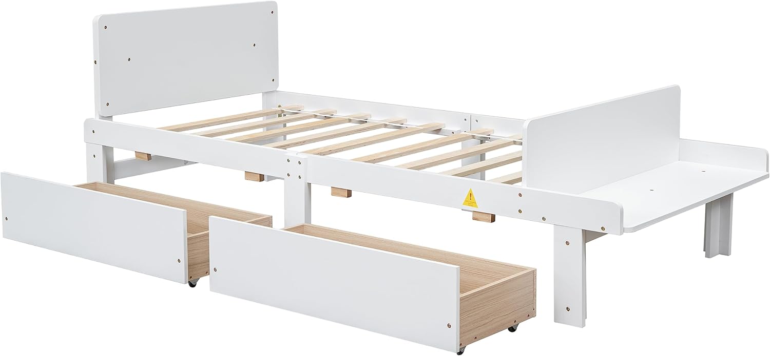 Dolonm Base de cama individual para niños con 2 cajones, plataforma de almacenamiento con banco de estribo, marco de cama individual para niños,