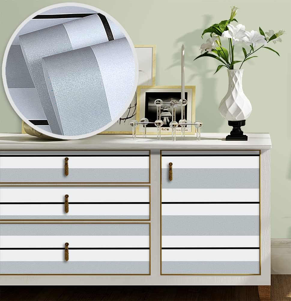 Y13403 – Papel pintado a rayas para despegar y pegar, color plateado, blanconegro, 17.7 pulgadas x 9.8 pies, película de vinilo autoadhesiva