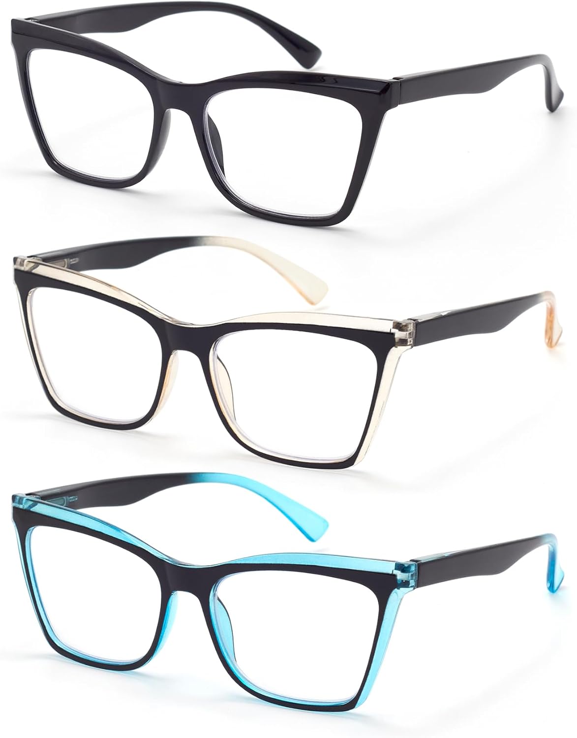 Paquete de 3 lentes de lectura con bloqueo de luz azul para mujer, estilo Oprah, lentes de lectura de bisagra de resorte de gran tamaño