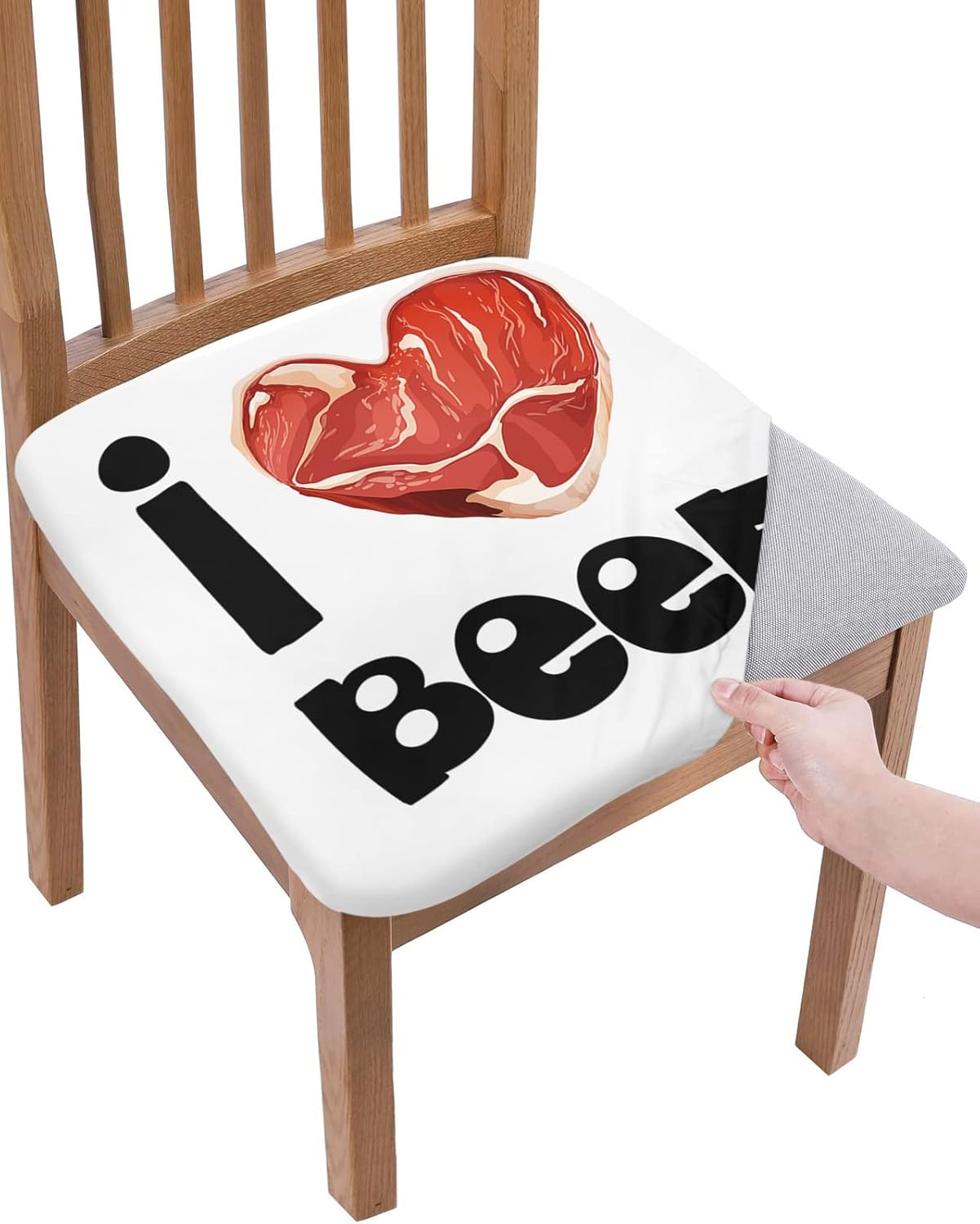 Chair Seat Covers,I Love Beef Heart Kitchen Decoration Stretch Removable Seat Covers for Dining Chairs,Soft Dining Room Seat Cover Set of 4