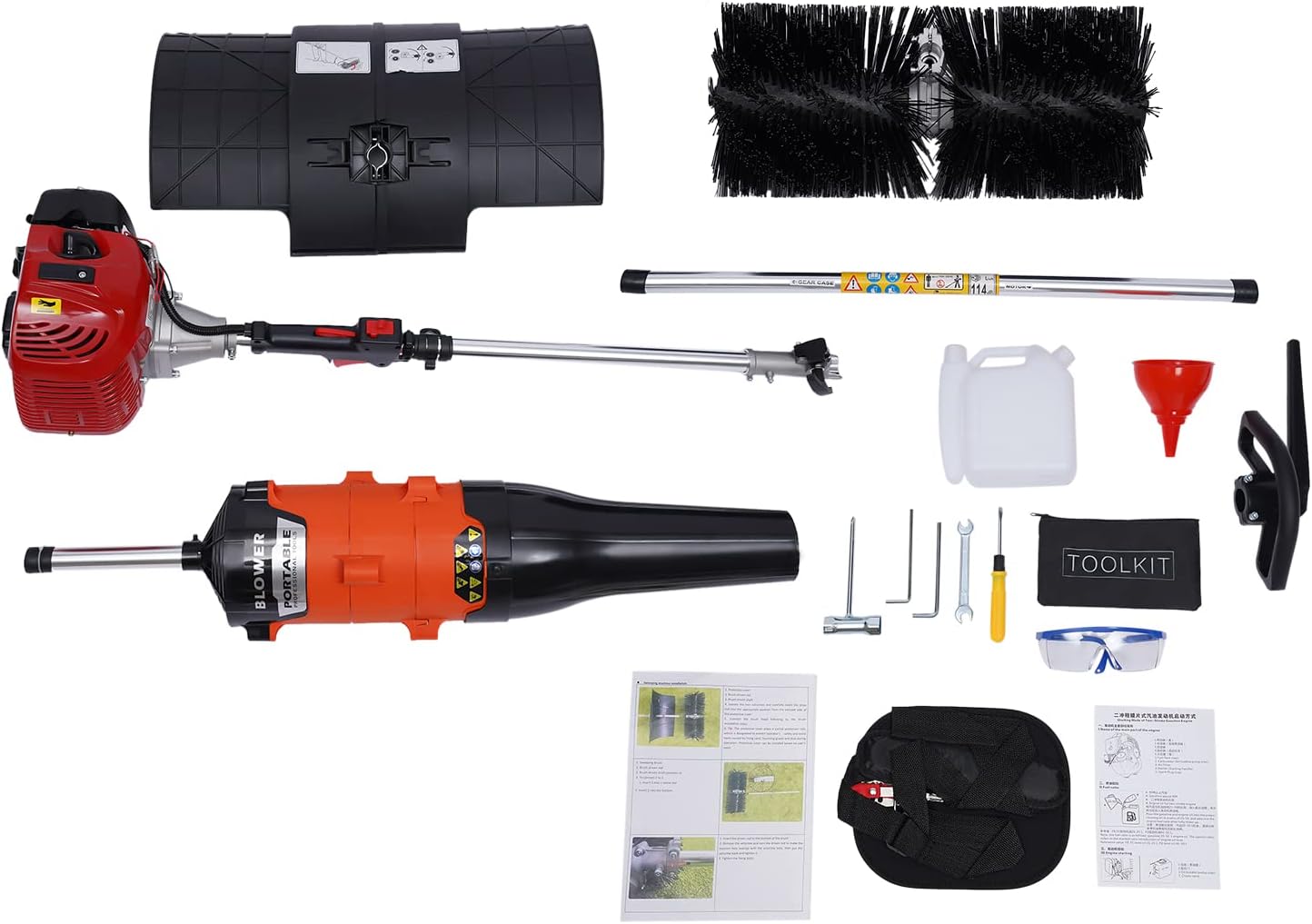 CNCEST Barredora y soplador de mano a gas, motor de gasolina de 2 tiempos de 52 CC 2.3 HP con cepillo de barrido de nailon + soplador, soplador de