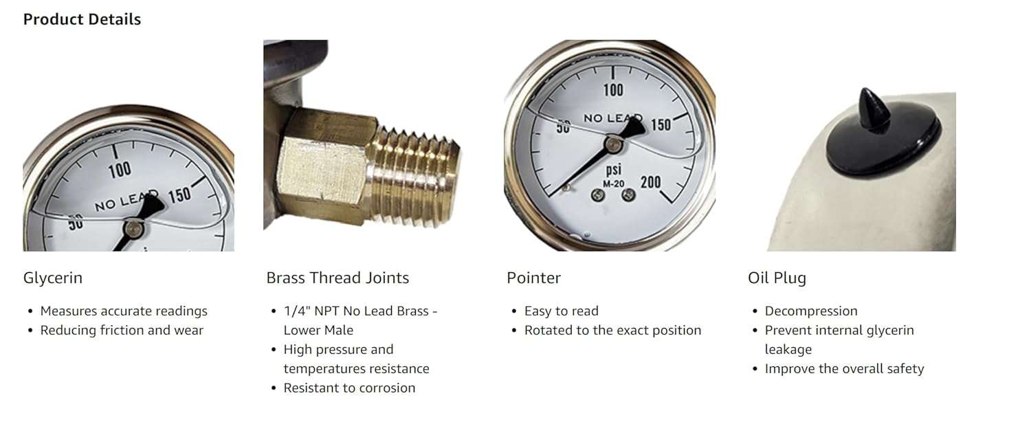 Merrill MFG – Medidor de presión relleno de líquido NPT de acero inoxidable de 0  100 PSI de 0  100 PSI, montaje trasero central de agua, aceite y