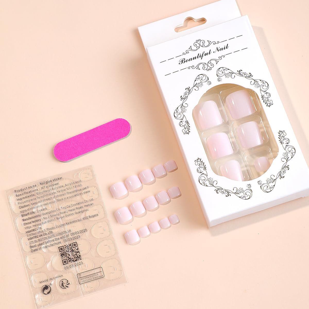 Uñas postizas cuadradas cortas a presión en uñas de los pies, uñas acrílicas artificiales, uñas postizas rosa y blanco, punta francesa, cobertura