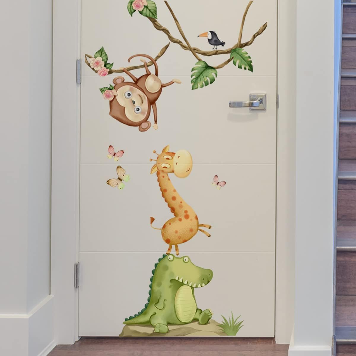 Calcomanías de pared de animales de acuarela, calcomanías de pared de animales de mono, jirafa, calcomanías de pared para niños, guardería, sala de