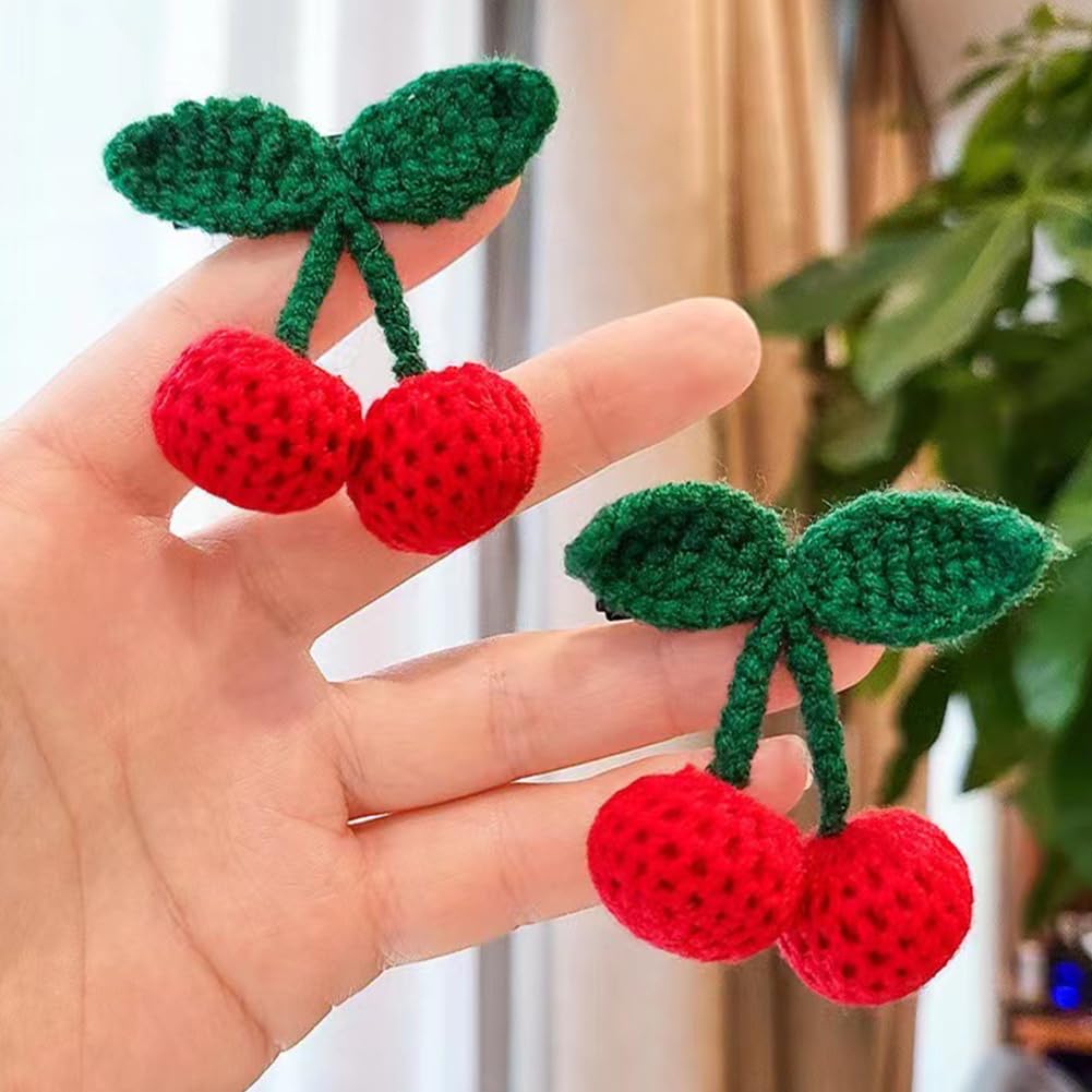 2Pcs Girls Hair Clips, Handmade Crochet Sweet Cherry Shape Hair Barrettes, Manual Knitted Cute HairPins Alligator Clip Hand-Woven Creative Hair