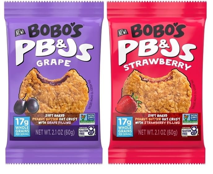 Bobo’s PB&Js – Corteza de avena suave horneada con mantequilla de maní sin gluten con relleno de gelatina, uva y fresa, 2.1 onzas (paquete de 24) –