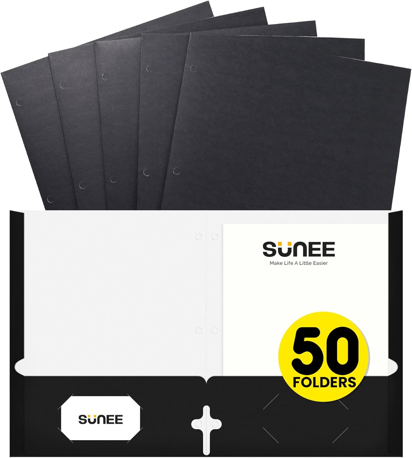 SUNEE Carpetas con 3 agujeros perforados (paquete de 50 unidades, negras), carpetas de 2 bolsillos para papel tamaño carta, carpeta de archivos de