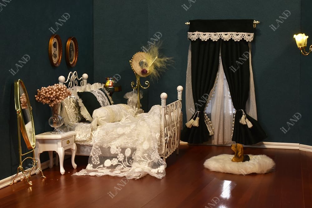 iLAND Muebles para casa de muñecas a escala 112, perchero para casa de muñecas y espejo de longitud completa (color dorado)