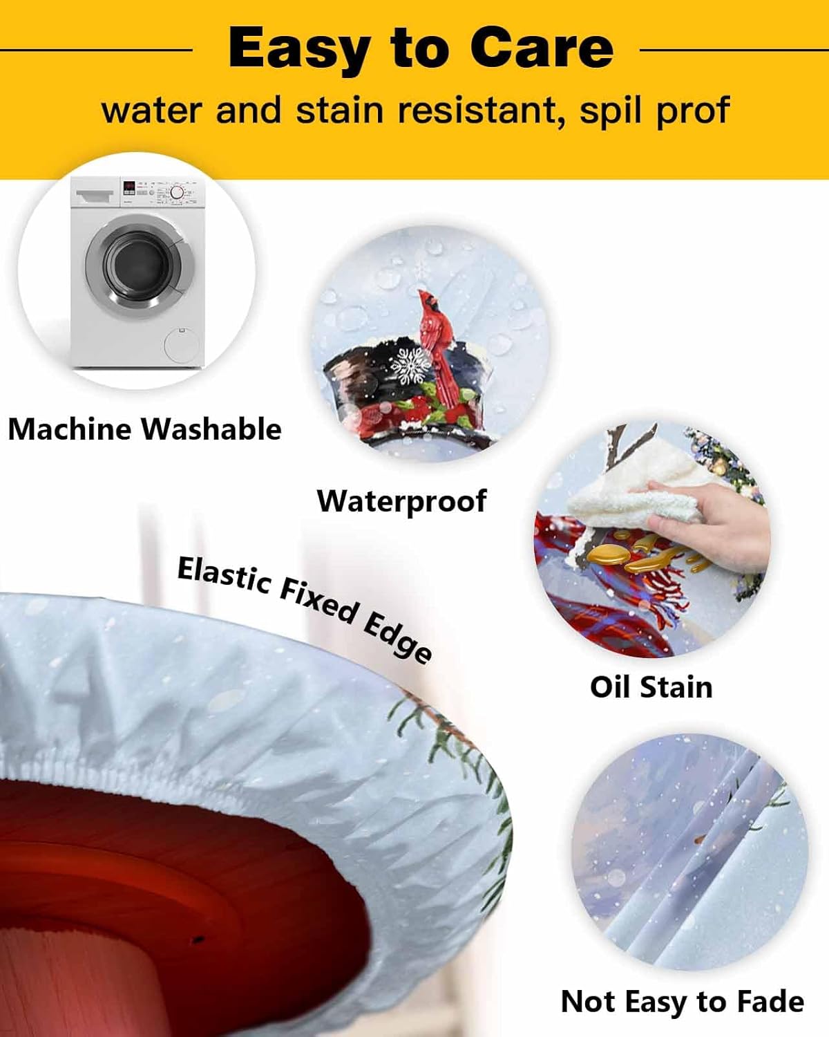 Mantel redondo ajustable con diseño de muñeco de nieve de Navidad, copos de nieve, bola de pájaro, elástico, impermeable, para interiores y