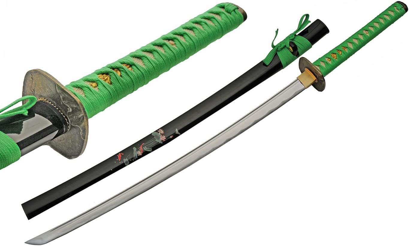 Espada Katana réplica de acero al carbono de estanque Koi verde de 39 pulgadas con vaina impresa ABS