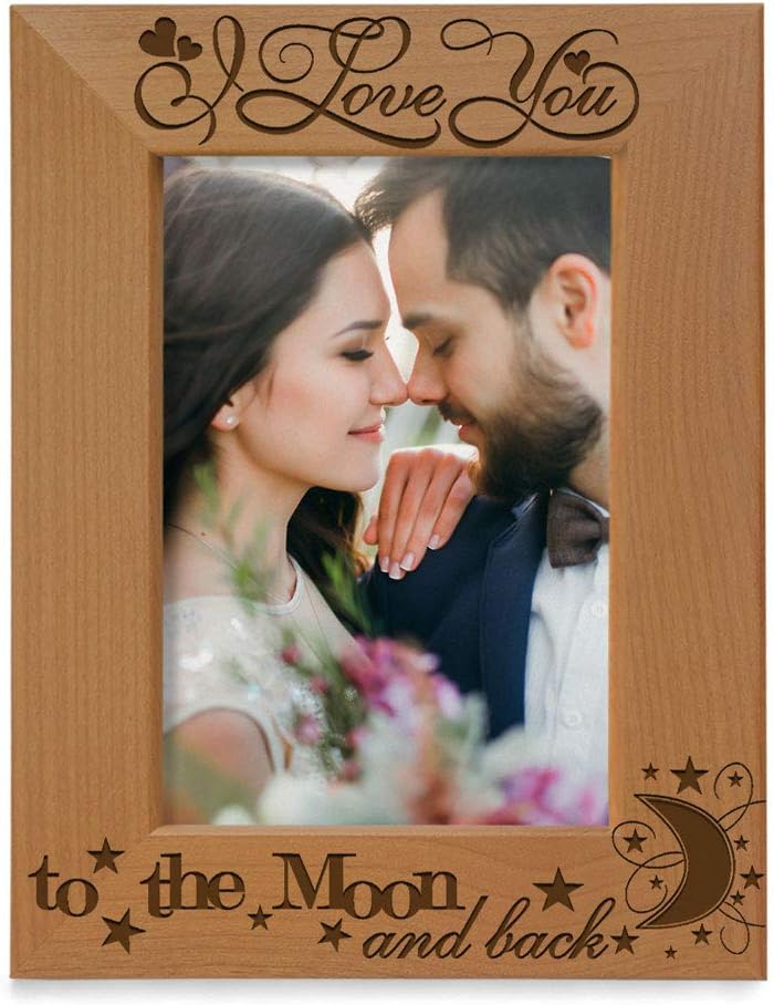 KATE POSH Marco de fotos de madera natural grabado con texto en inglés “I Love You to The Moon and Back”, regalos para parejas enamoradas, día de