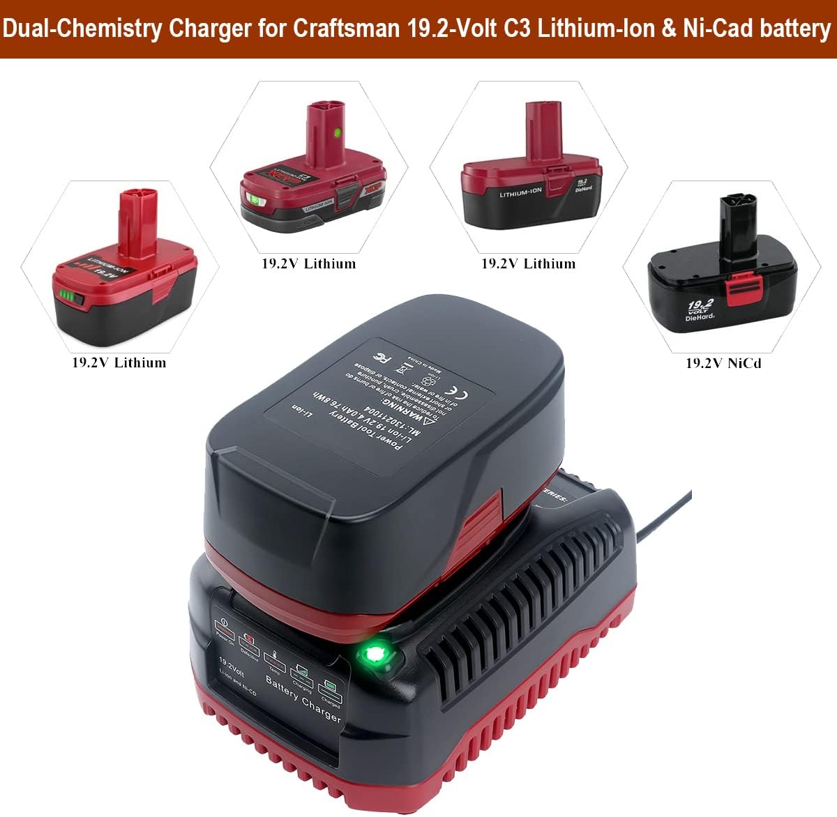 Cargador rápido de 19.2 V 140152004 repuesto para Craftsman C3 19.2 voltios compacto de iones de litioNi-Cad Diehard batería 1425301 1323903