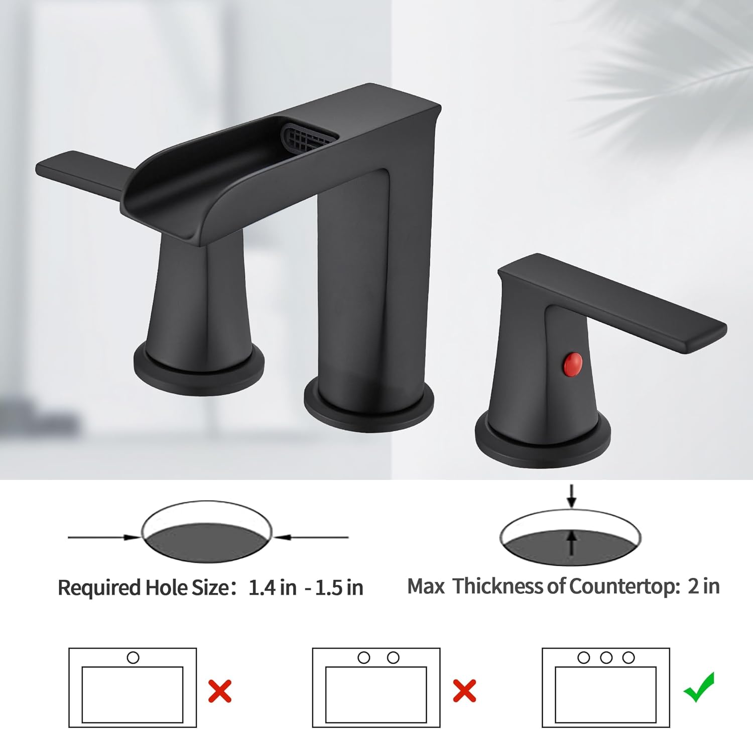 FOUTLQ Grifo de baño en cascada negro mate, 2 asas, grifo de lavabo de baño, 3 agujeros con drenaje desplegable, manguera de suministro y placa de