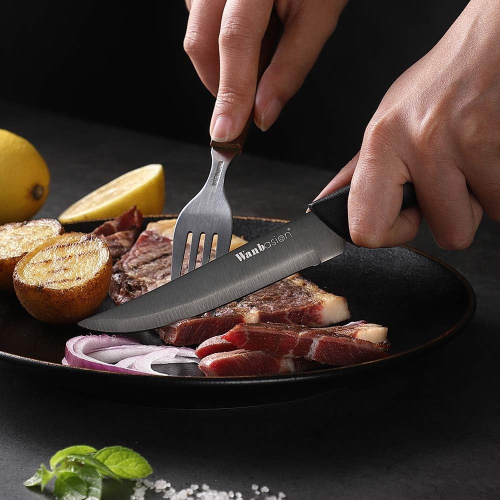 Wanbasion Juego de cuchillos para carne negros no dentados, aptos para lavavajillas, juego de cuchillos afilados para carne para cocina con asas