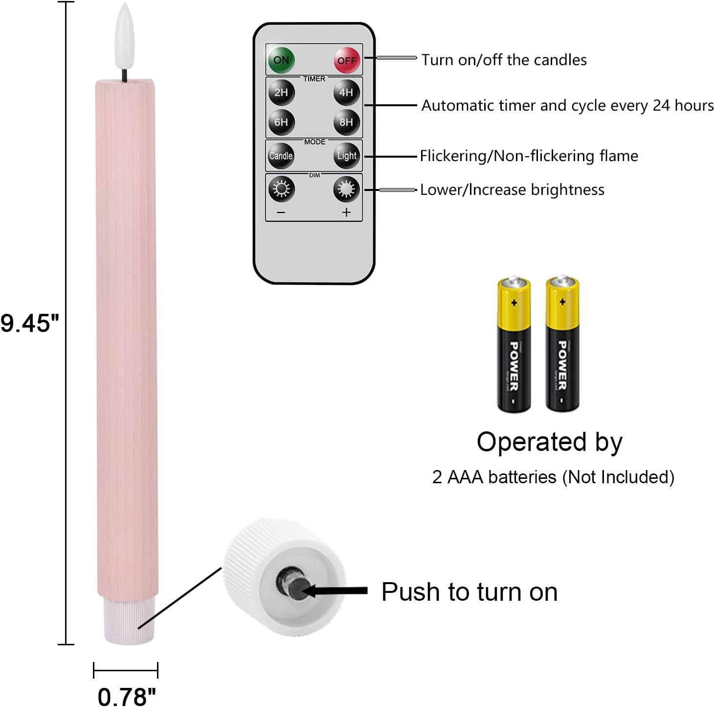 Velas cónicas sin llama parpadeantes con control remoto de 10 teclas, funciona con pilas, velas LED de luz cálida para ventana, a rayas, cera real,