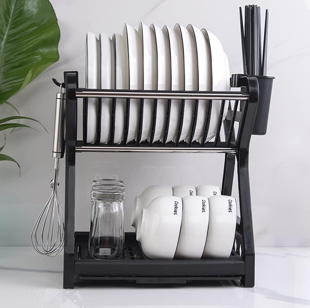 Escurridor de platos fácil de limpiar, escurridor de platos de 2 niveles con escurridor, organizador de platos de cocina, escurridor de platos con