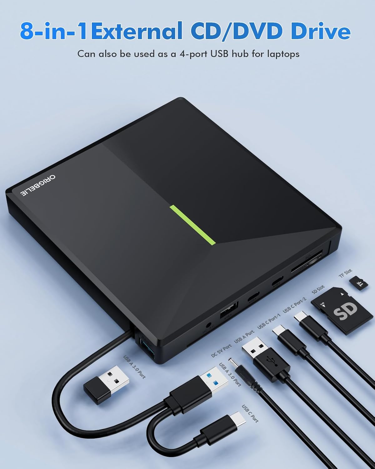 ORIGBELIE Unidad externa de CD y DVD con 4 puertos USB y 2 ranuras para tarjetas TFSD, USB 3.0 portátil CDDVD, reproductor de disco grabador para