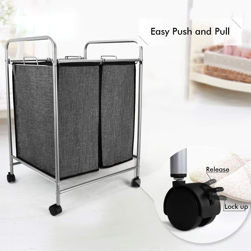 Carrito clasificador de ropa sucia resistente, 2 bolsas con ruedas enrollables, bolsas extraíbles, organizador de cesta de lavandería y contenedores