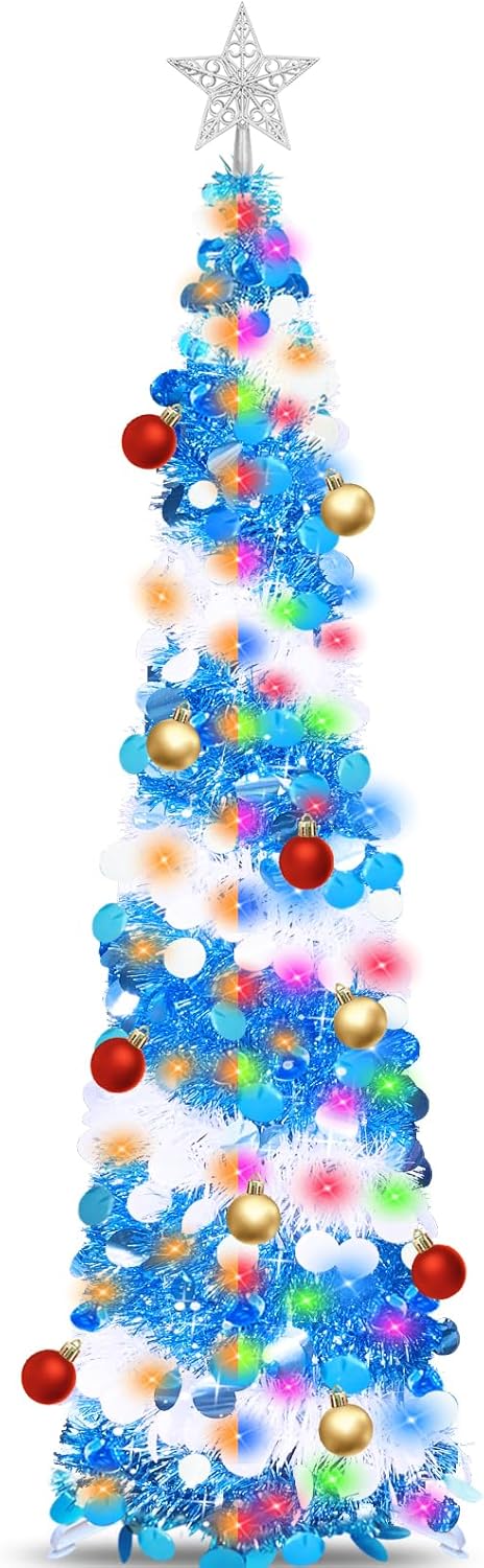 Interruptor y temporizador de doble color Árbol de Navidad de lápiz de 5 pies con 50 luces de cambio de color blanco cálido y multicolor, 10 bolas,