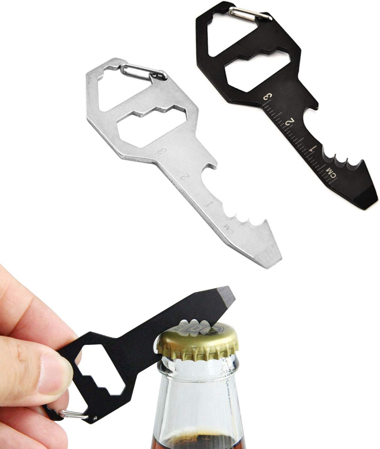 LHEVEN Llavero abrebotellas, multiherramienta 100 de acero inoxidable EDC, 6 herramientas en 1 abridor de botellas, llave, destornillador, regla