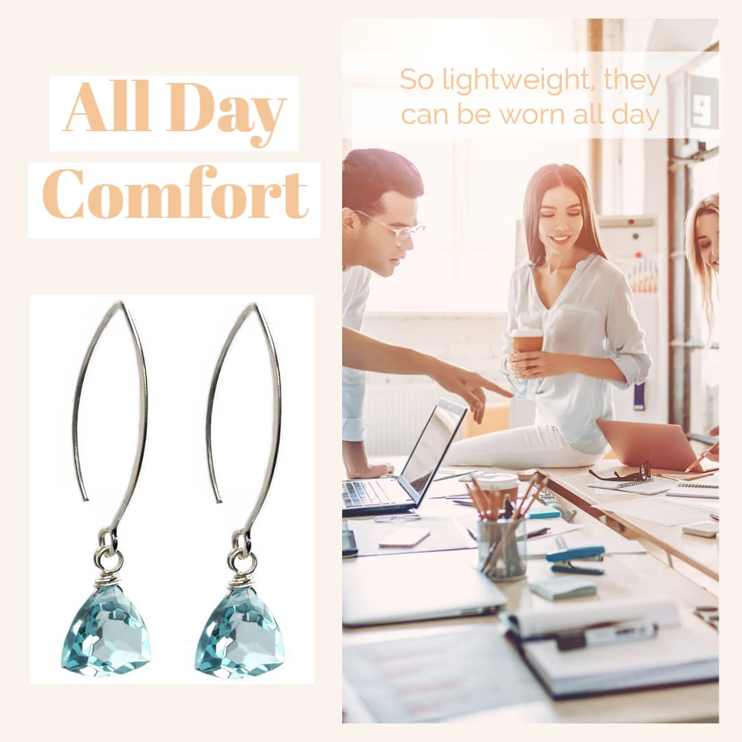 Handmade Dangle Earrings for Women – Aquamarine Blue Quartz Sterling Silver Earrings in Gift Box – Sparkly Blue Quartz Trillion – Lightweight