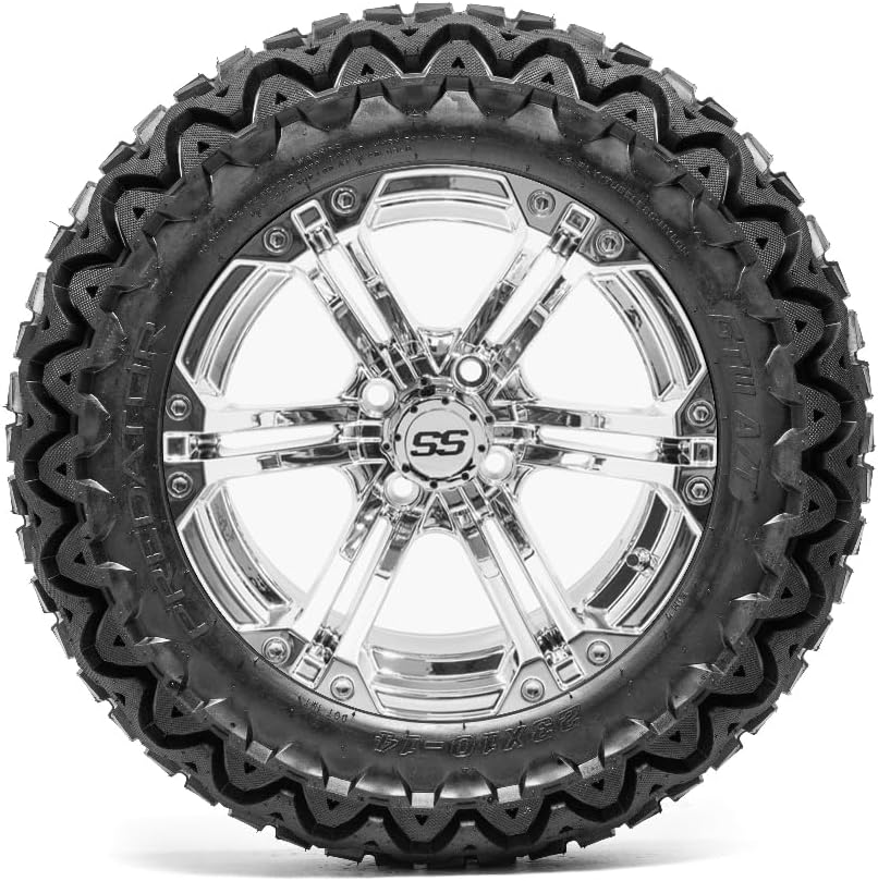 GTW Combo de ruedas y neumáticos para carrito de golf de 14 pulgadas  GTW Specter Chrome Wheels en neumáticos todo terreno Predator 23×10-14  Juego