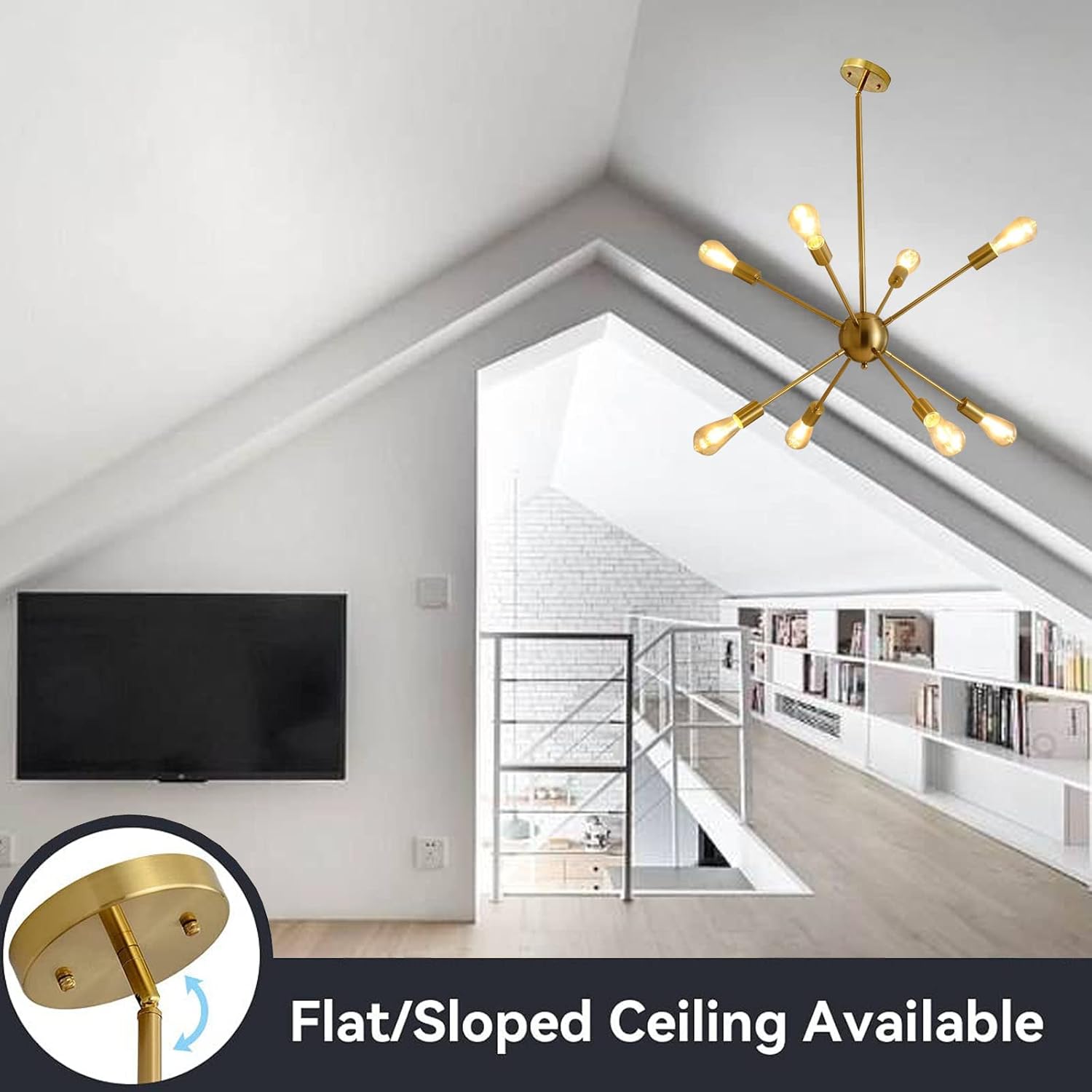 SUSVQLXG Candelabros Sputnik dorados de 8 luces modernas con base E26, lámpara de techo vintage ajustable para cocina, comedor, sala de estar,