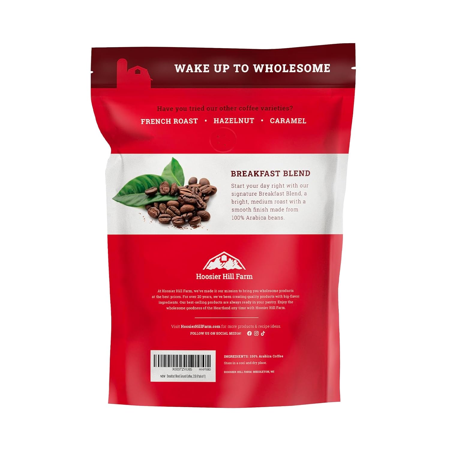 Hoosier Hill Farm Breakfast Blend – Café molido, tostado medio, 32 onzas (2 libras), bolsa resellable