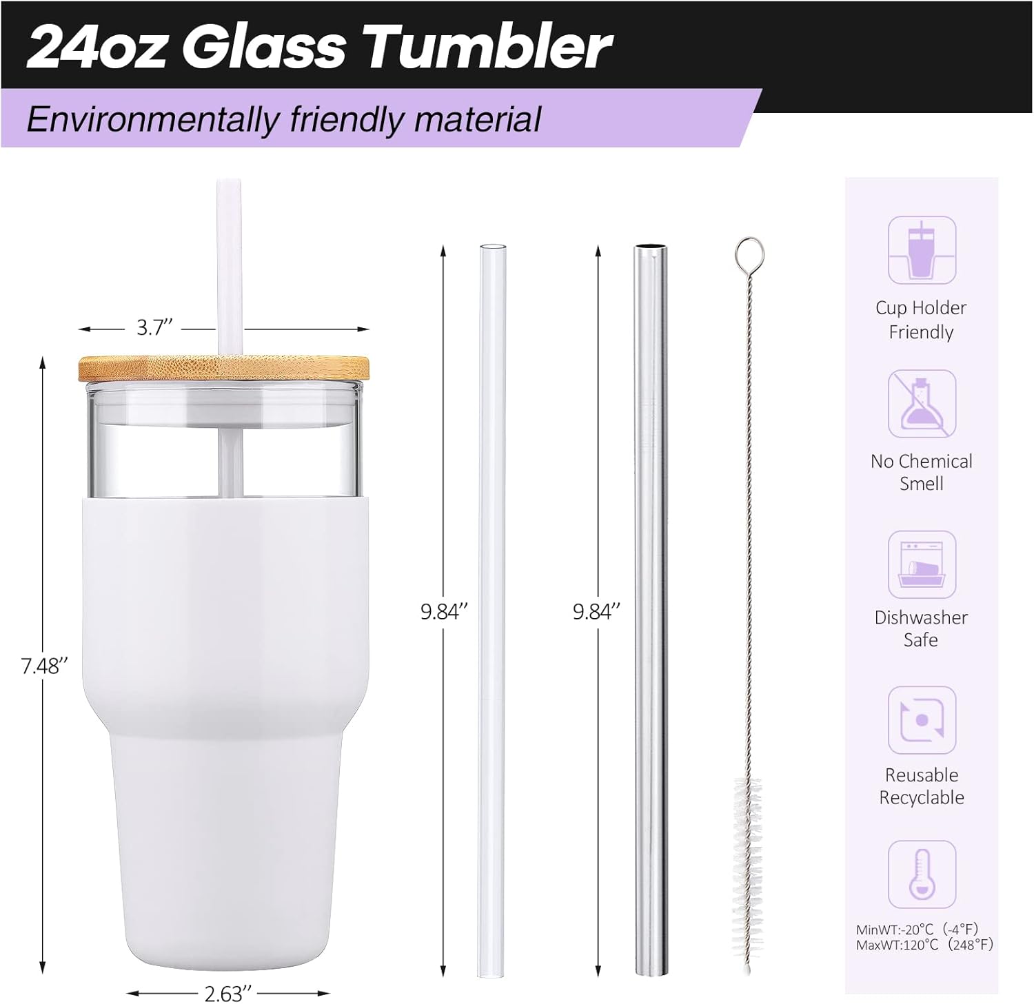 kytffu Vaso con tapa y pajilla, vaso de vidrio de 24 onzas para soporte de tazas, vaso de café helado para té de burbujas, agua, jugo, con funda de