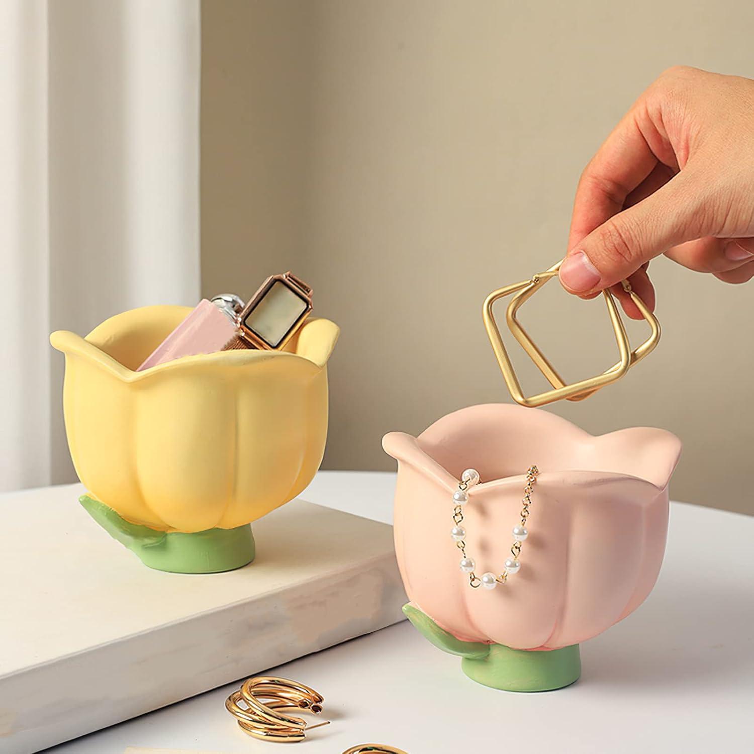 Cuenco para llaves para entrada, bandeja organizadora de joyas, divertido cuenco decorativo para llaves, cartera, dulces, tulipanes rosa