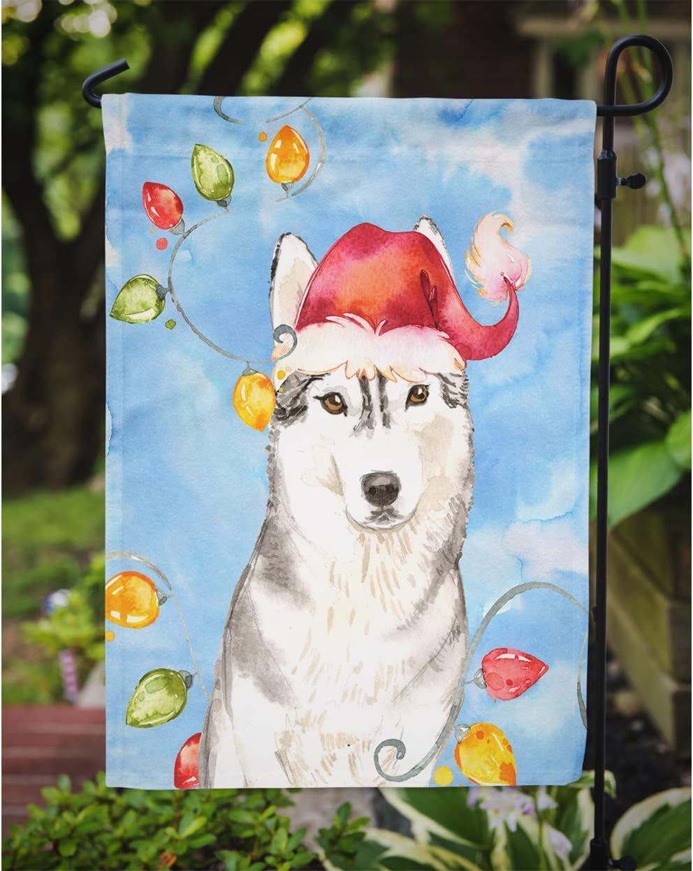 Caroline’s Treasures CK2495GF – Bandera de jardín con luces de Navidad de Husky siberiano, bandera decorativa para patio, patio, obras de arte para