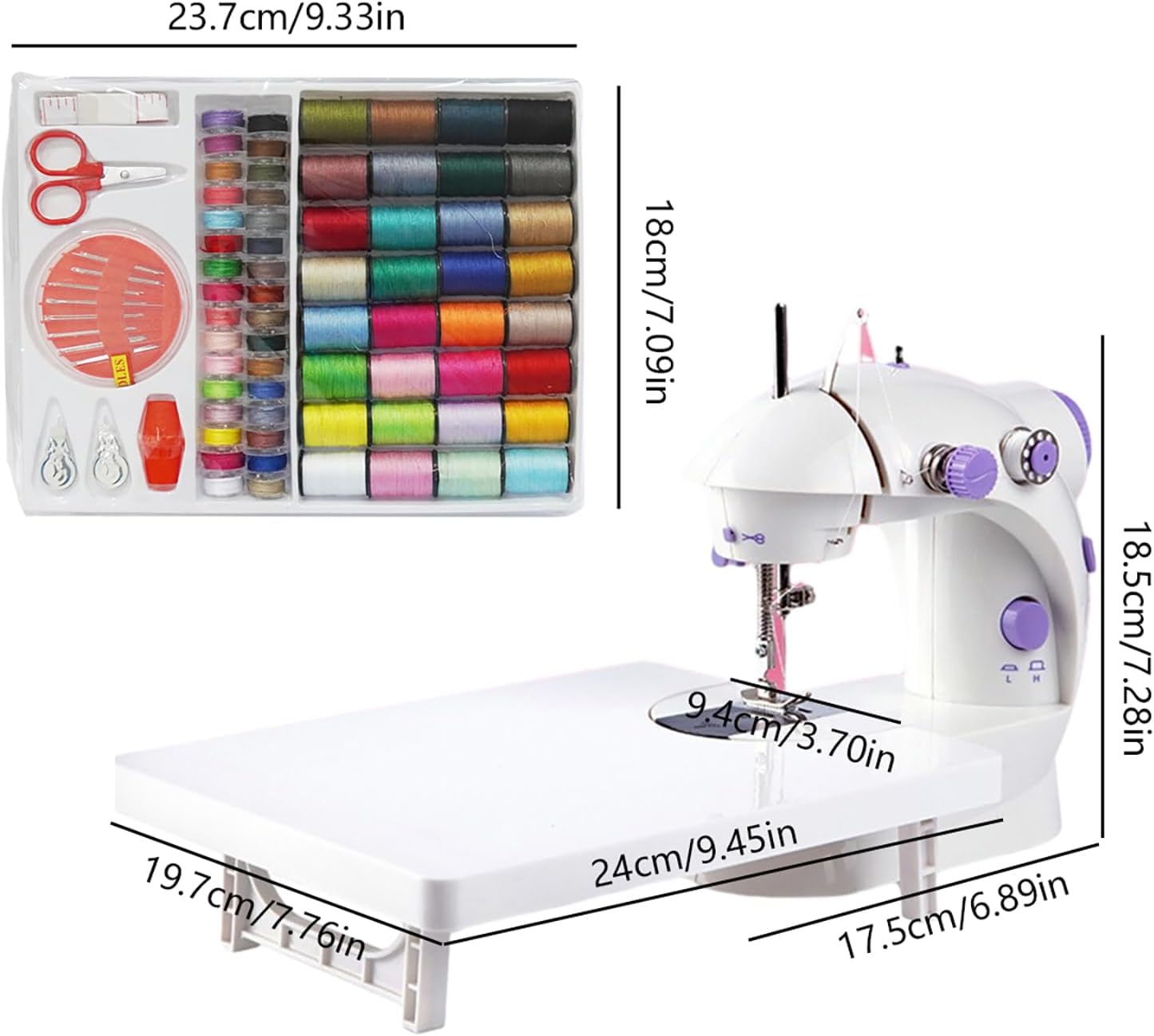 Mini máquina de coser para principiantes, kit de costura en 64 colores, máquina portátil de doble velocidad con mesa de extensión, luz, viajes, kit