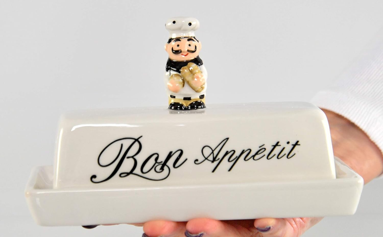 HOME-X Bon Appetit – Mantequillera con tapa, plato blanco para barra de mantequilla, plato con temática de chef, 6  pulgadas de largo x 3  pulgadas