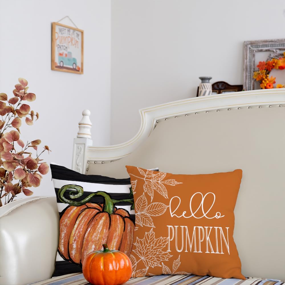 Juego de 4 fundas de almohada decorativas de otoño de 20 x 20 pulgadas, diseño de rayas de hojas de arce con diseño de calabaza de Hello para