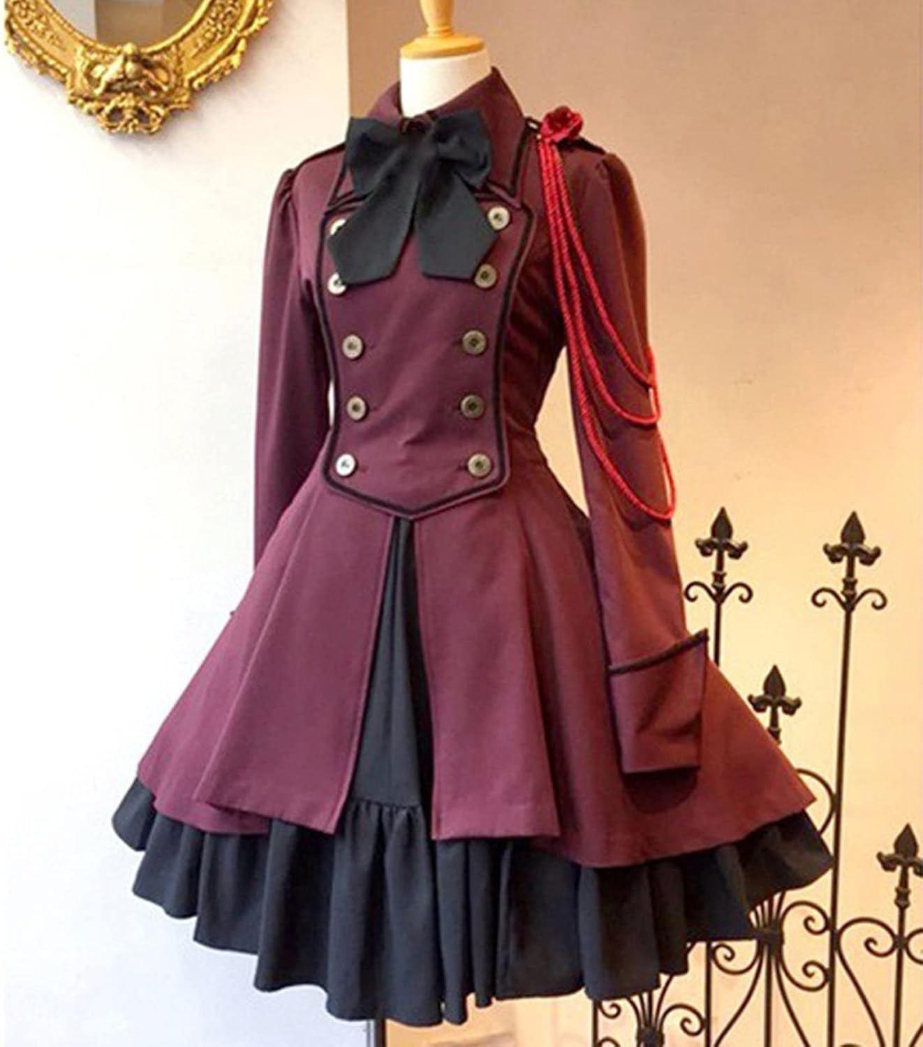Y2K Lolita Renaissance – Vestido retro renacentista con cuello de mariposa y lazo frontal, doble línea con botones, vestido de té inflado, vestido