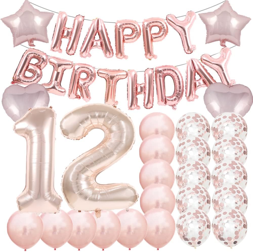 Decoraciones de cumpleaños de 12 años, suministros para fiestas, globos de oro rosa con el número 12, globos de aluminio de Mylar de 12 para