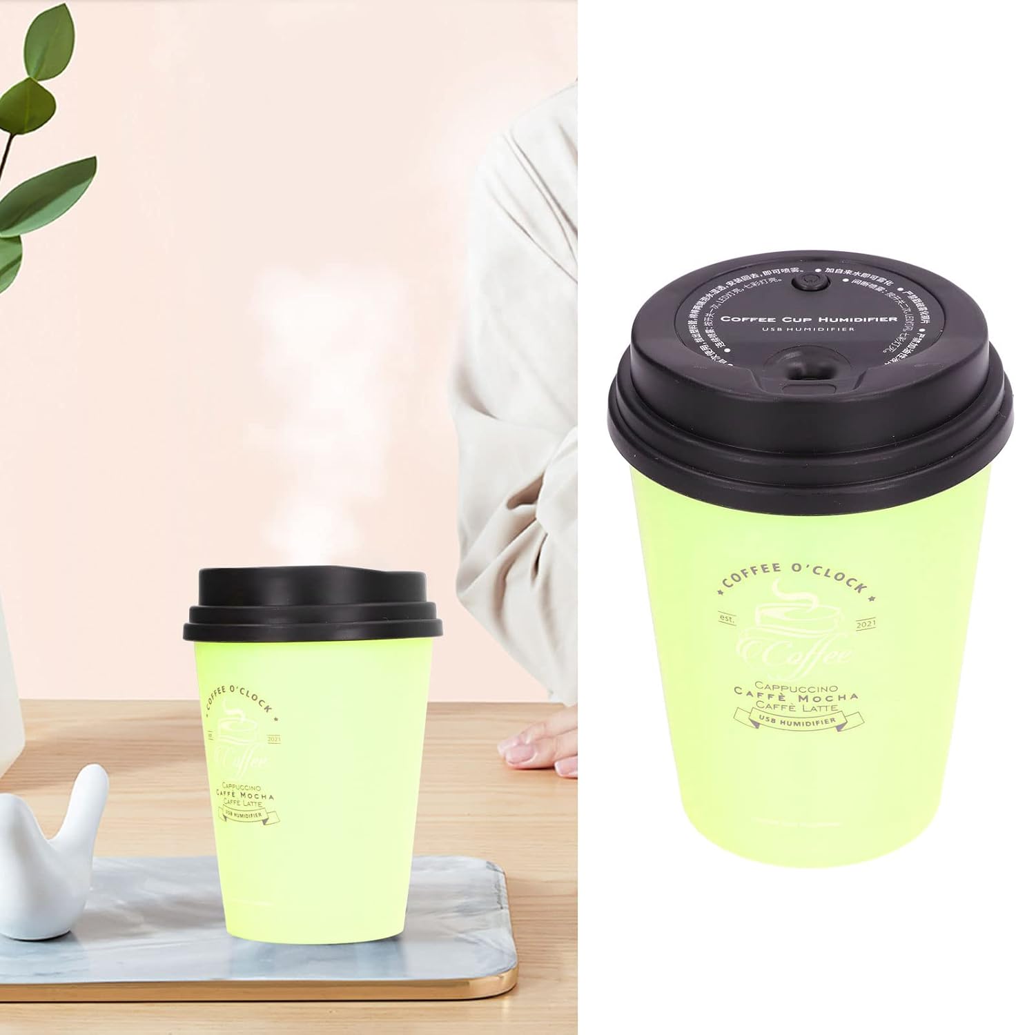 Mini humidificador, taza de café USB de 10.1 fl oz, humidificador de escritorio de apagado automático de bajo ruido, difusor de humidificador para