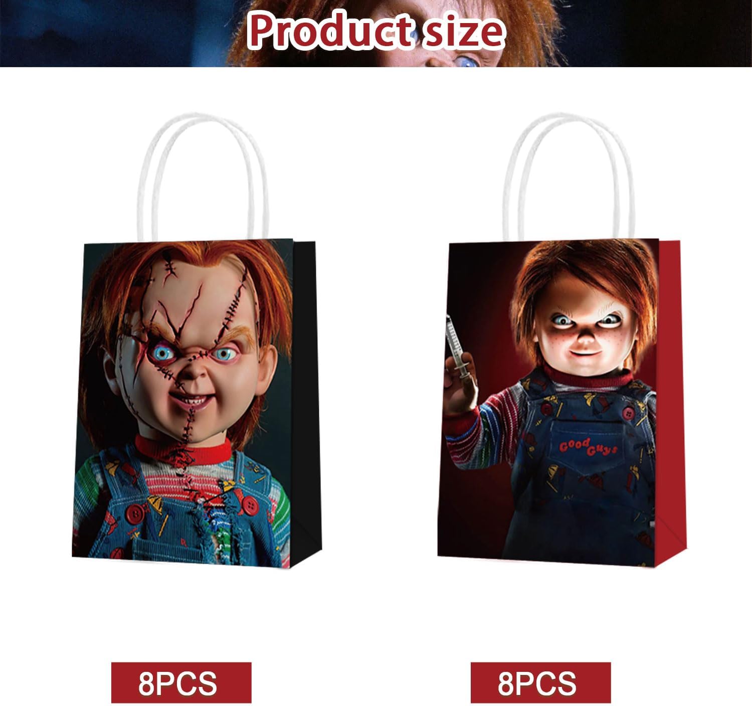 Chucky – 16 bolsas de regalo de papel para fiesta, 2 estilos, bolsas de recuerdo de fiesta con asas para decoraciones de fiesta de Chucky, bolsas de