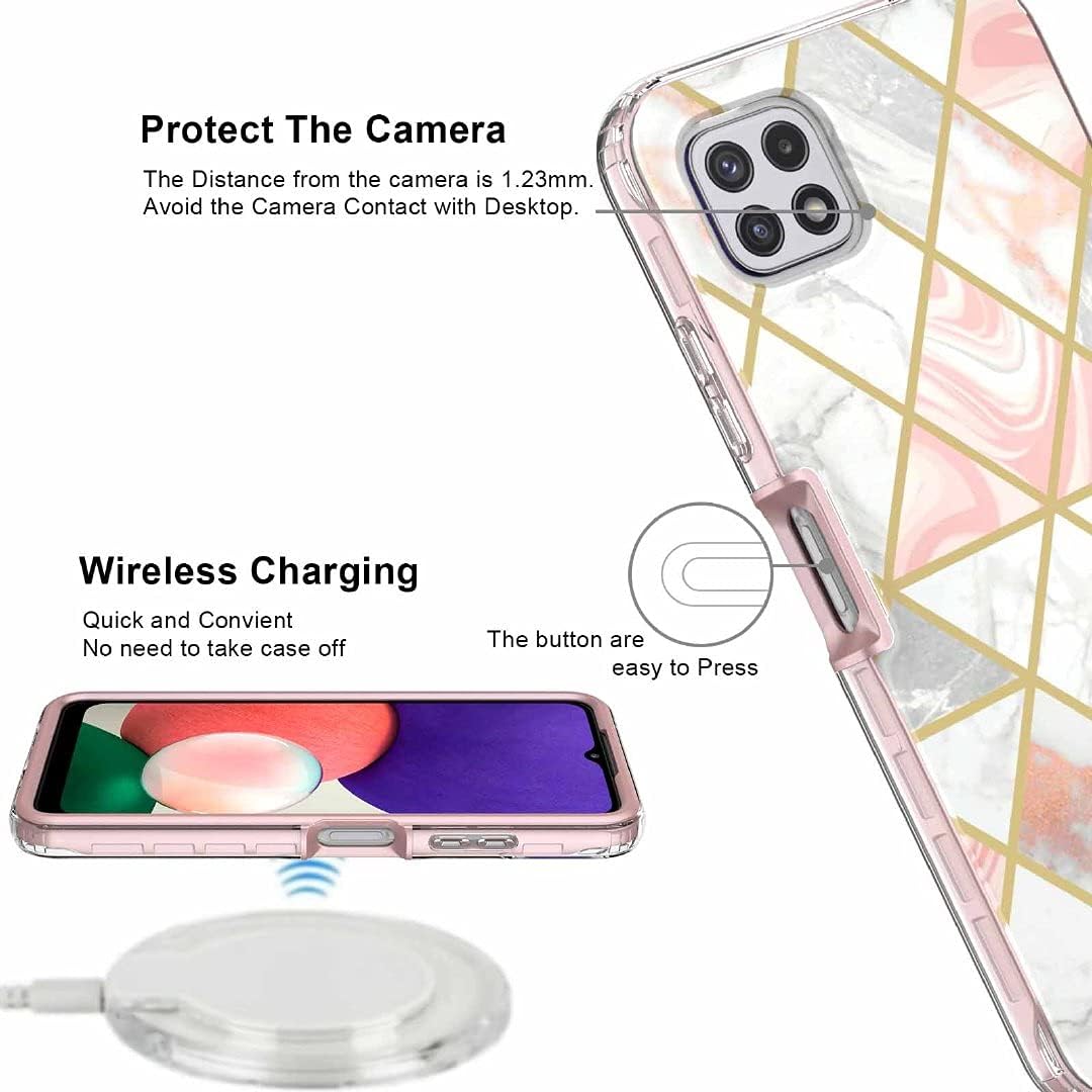 Jeylly 5 artículos Funda para Galaxy A22 5G con protector de pantalla y protector de lente de cámara, funda de mármol híbrida de policarbonato duro