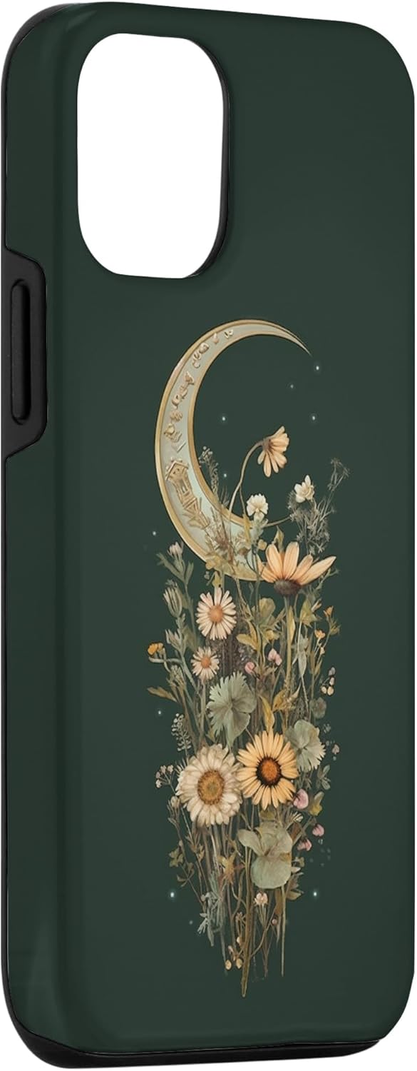 Funda Boho Moon Wildflower Floral on Sage Green Background para iPhone 13