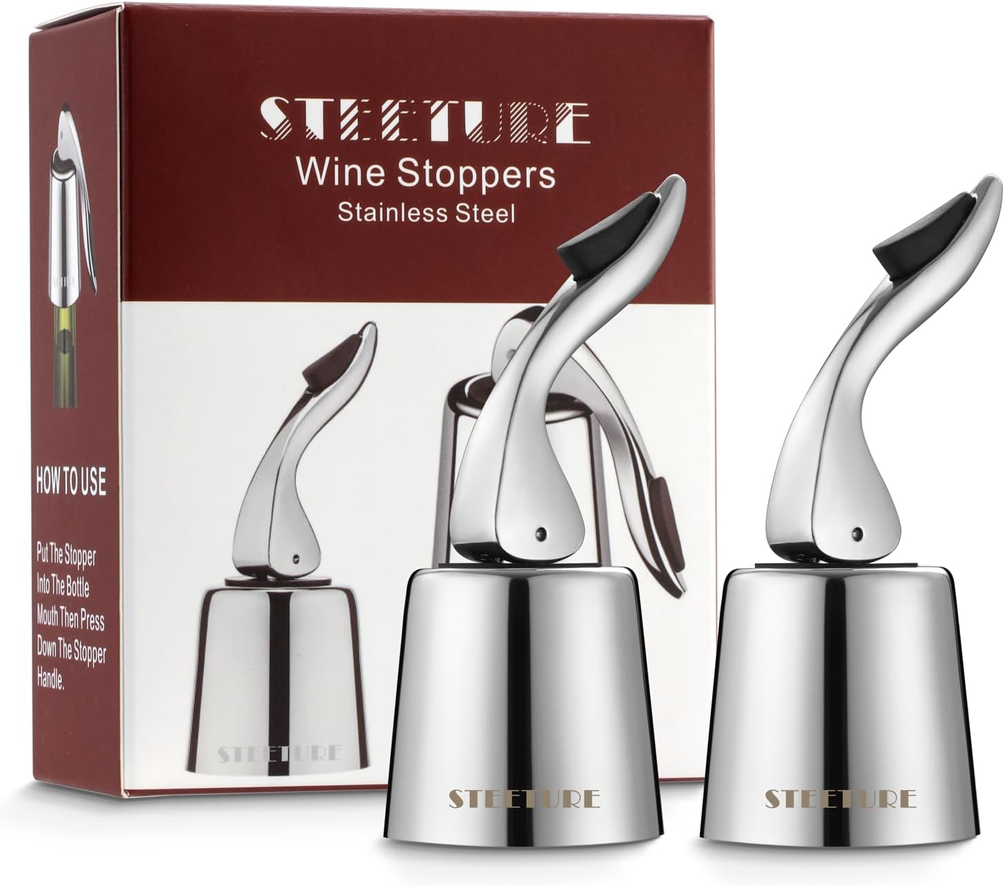 Tapones de vino para botellas de vino, paquete de 2, corchos de vino de acero inoxidable con tapón de silicona, a prueba de fugas, reutilizable para
