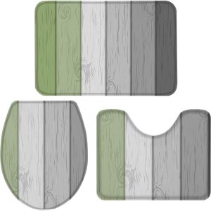 Juego de 3 alfombras de baño antideslizantes de grano de madera verde salvia con rayas grises y verdes, tapete en forma de U y tapa de inodoro, Juego de 3 alfombras de baño antideslizantes de grano de madera verde salvia con rayas grises y verdes, tapete en forma de U y tapa de inodoro,
