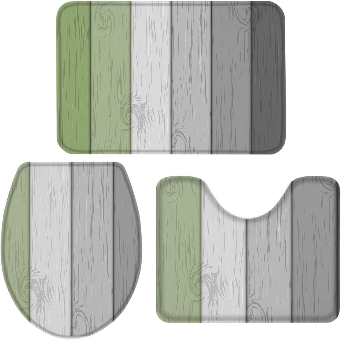 Juego de 3 alfombras de baño antideslizantes de grano de madera verde salvia con rayas grises y verdes, tapete en forma de U y tapa de inodoro,