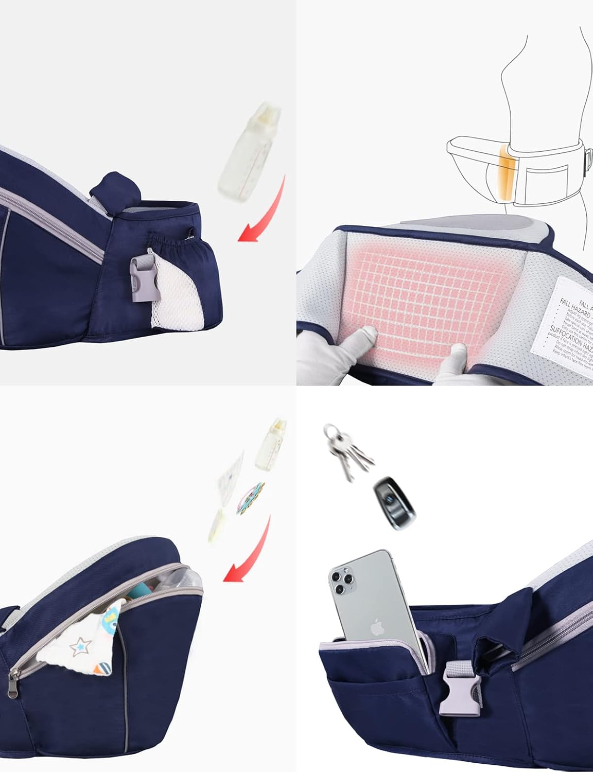 NASSBON Asiento de cadera para bebé, taburete de cintura con correa ajustable, bolsillo con hebilla de correa ajustable, suave almacenamiento