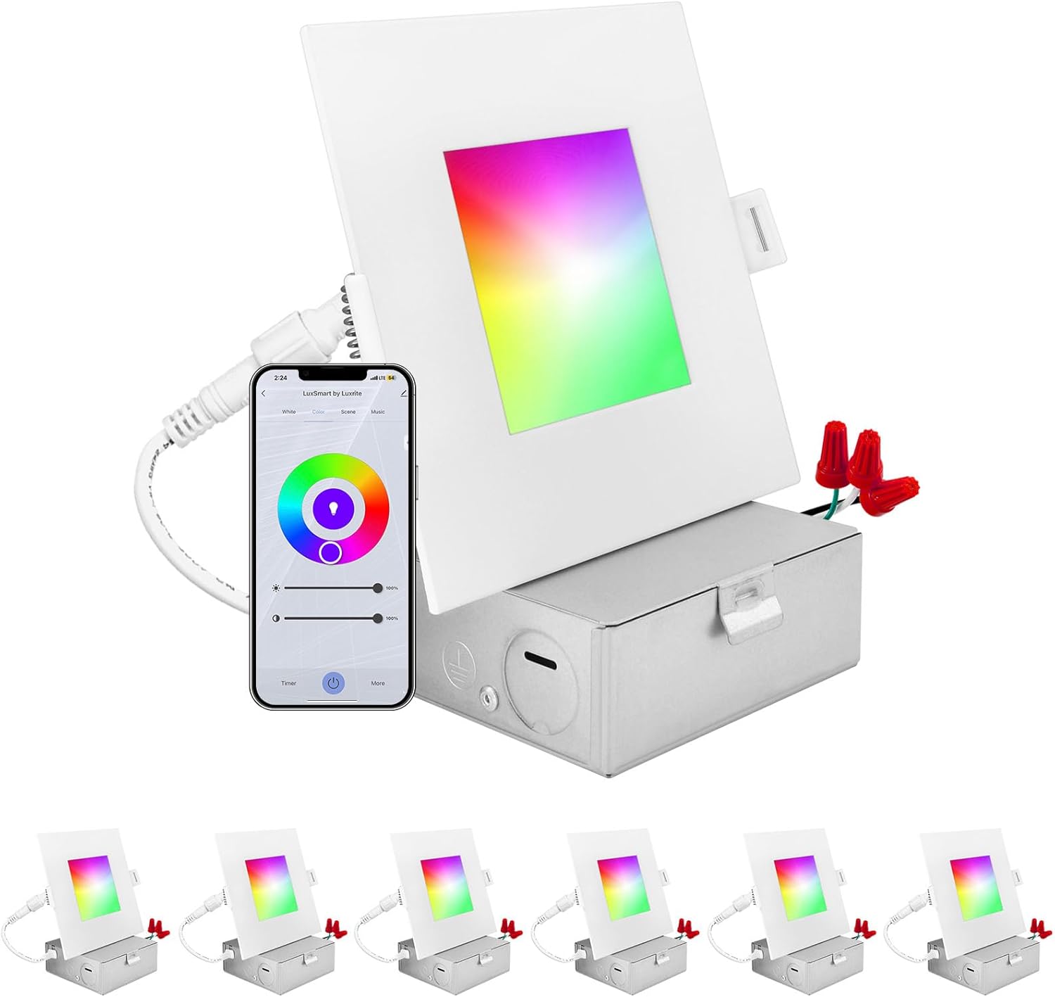 LUXRITE Iluminación empotrable LED inteligente cuadrada de 4 pulgadas, cambio de color RGBW, control de aplicación WiFi, control de voz con Alexa y