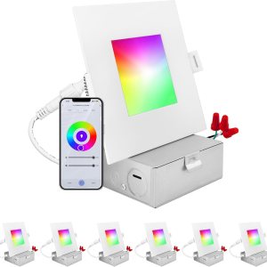 LUXRITE Iluminación empotrable LED inteligente cuadrada de 4 pulgadas, cambio de color RGBW, control de aplicación WiFi, control de voz con Alexa y LUXRITE Iluminación empotrable LED inteligente cuadrada de 4 pulgadas, cambio de color RGBW, control de aplicación WiFi, control de voz con Alexa y