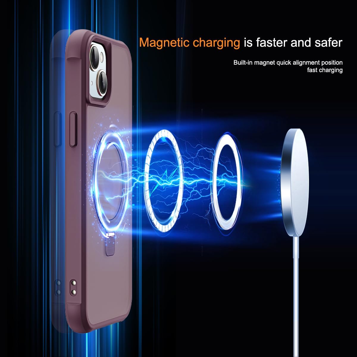 Funda de teléfono para iPhone 14 Plus de 6.7 pulgadas con soporte de anillo magnético reforzado, cubierta trasera translúcida compatible con Magsafe